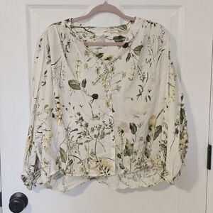 H&M Womens Botanical Print Blouse - Cream Green Balloon Sleeve Cottagecore M